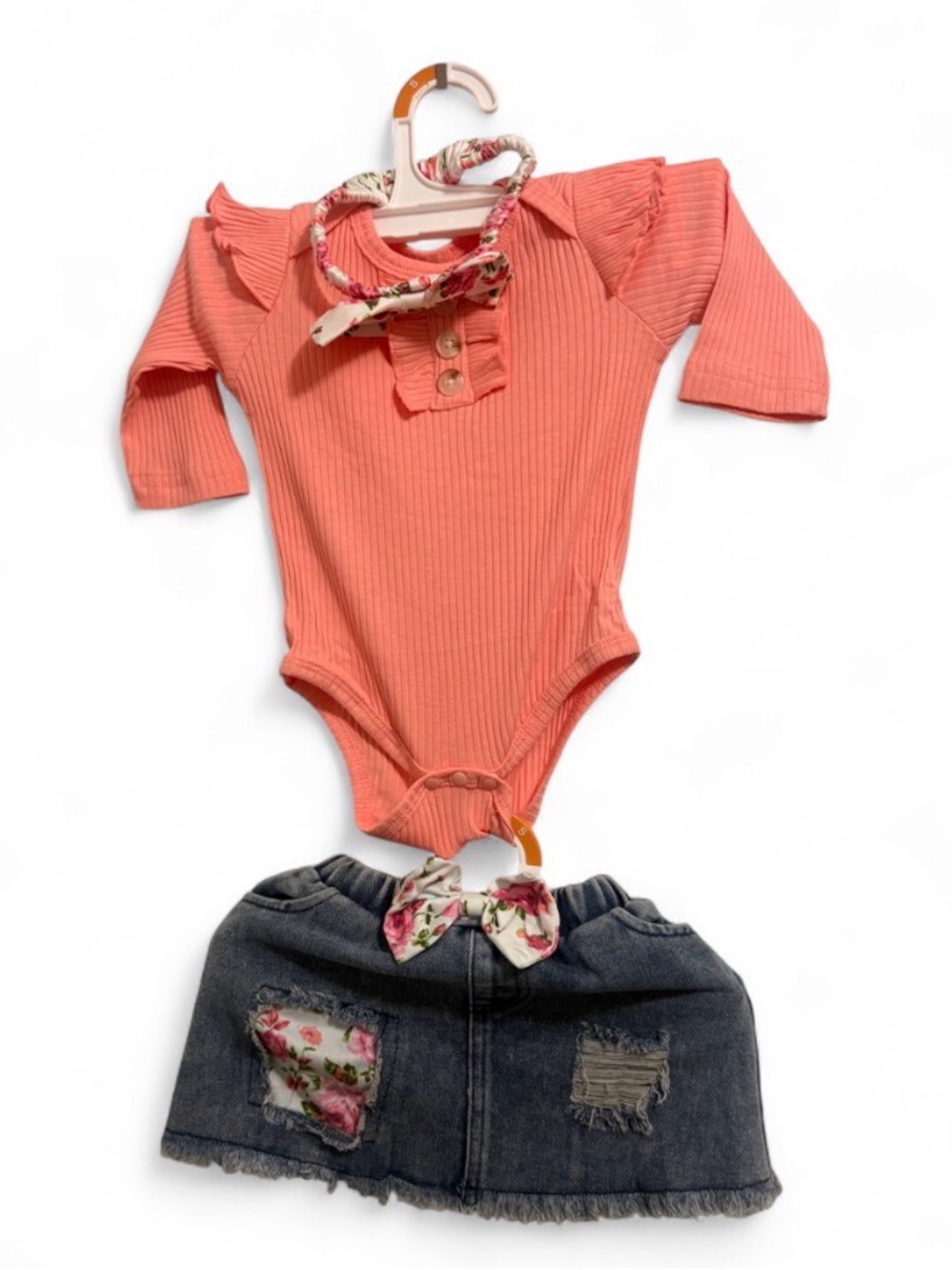 Coral Ribbed Long-Sleeve Baby Bodysuit with Denim Skirt Set